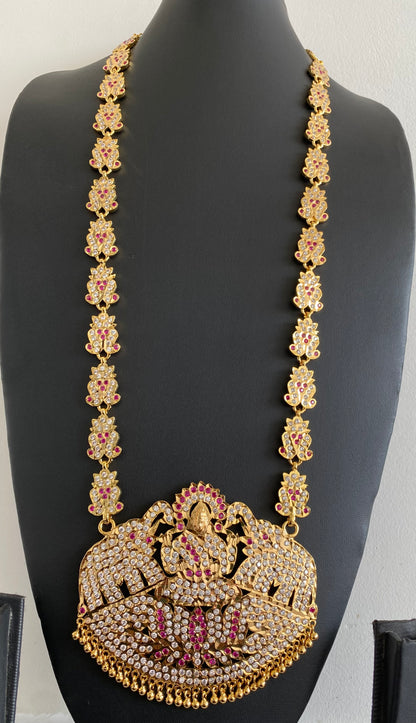 Gold tone south indian style grand AD pink-white gaja lakshmi haar dj-53255