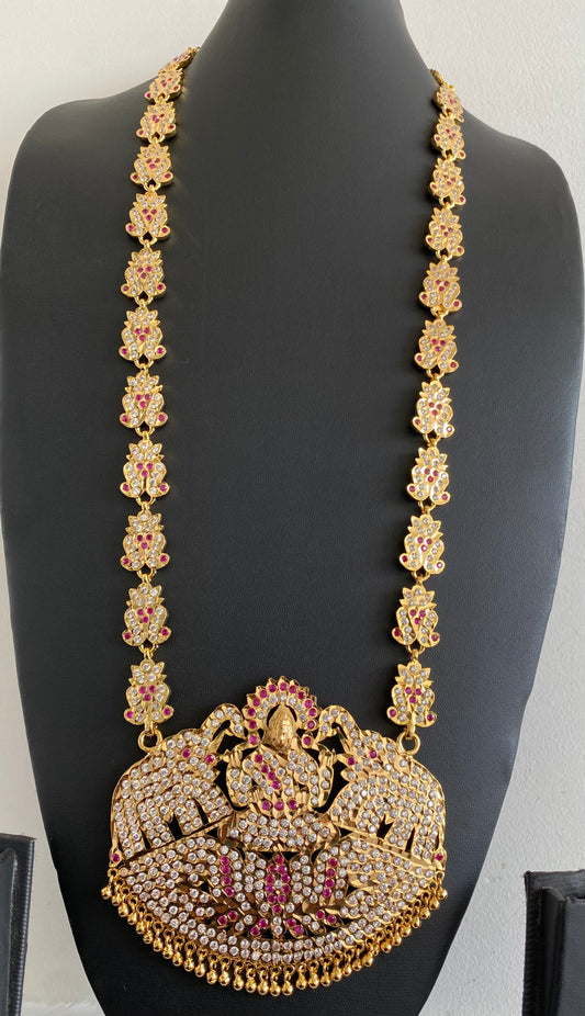 Gold tone south indian style grand AD pink-white gaja lakshmi haar dj-53255