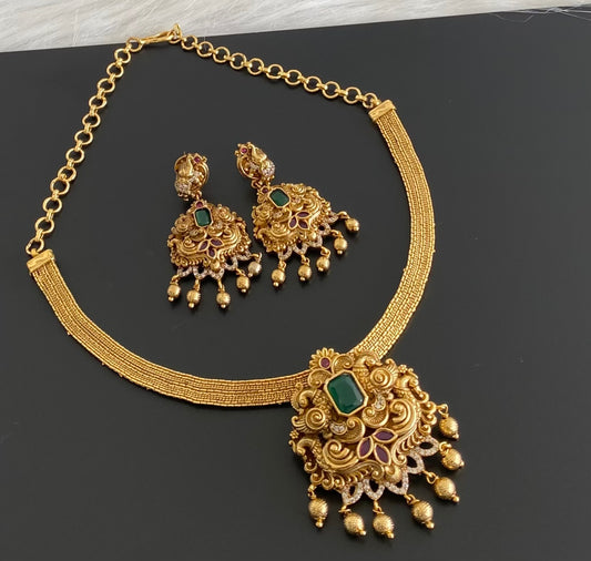 Antique gold tone kemp-green-white peacock necklace set dj-54375