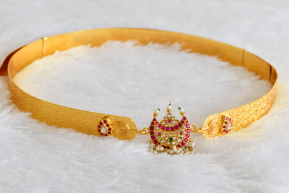 Gold tone pink-green-white kundan jadau moon mango waist band dj-52169
