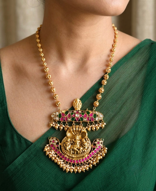 Antique gold tone pink-green kundan jadau Shri Krishna pendant necklace dj-52604