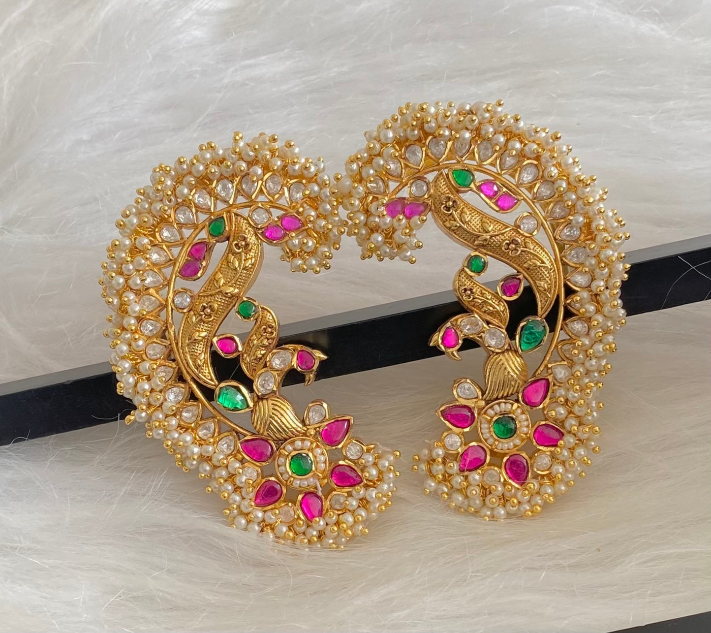 Gold tone pink-green-white kundan jadau big peacock khanpool earrings dj-54568