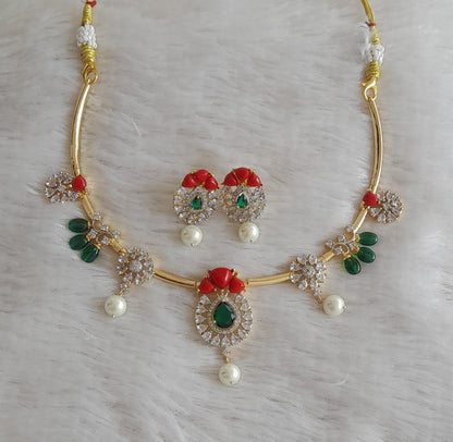 Gold tone cz coral-green stone hasli necklace set dj-48982