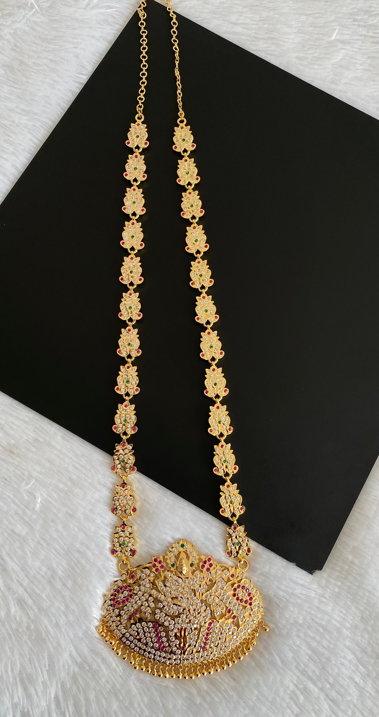 Gold tone south indian style grand AD pink-white-green peacock lakshmi haar dj-53256
