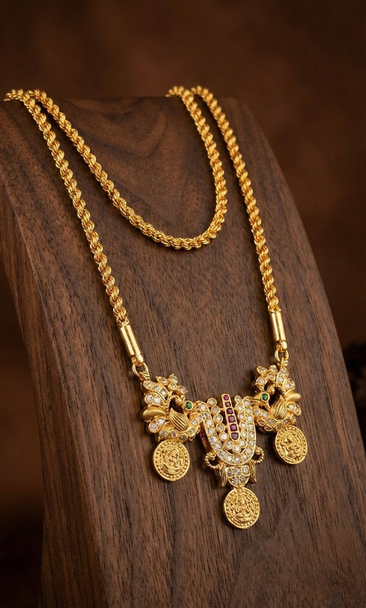 Gold tone Thirumal nama-peacock-lakshmi pendant with 24 inches rope chain dj-48220