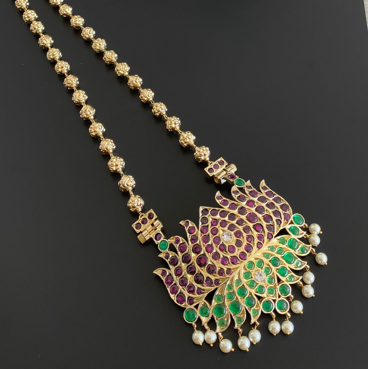 Gold tone precious kemp-green-white lotus nakshi beaded haar dj-54728