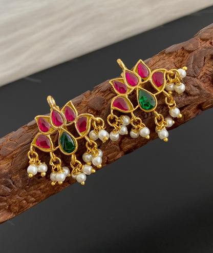 Gold tone pink-green kundan jadau lotus pearl bugadi earrings dj-53663