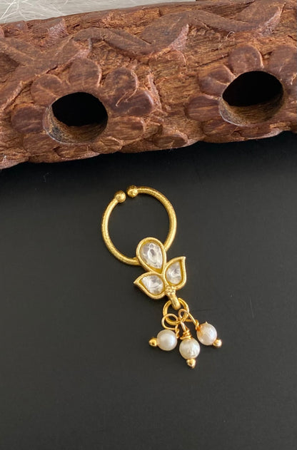 Gold tone kundan jadau white stone pearl nose pin/bulakku dj-53803