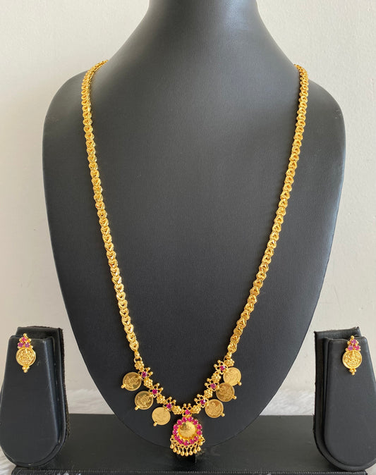 Gold tone 24 inches chain with pink lakshmi coin pendant set dj-52901