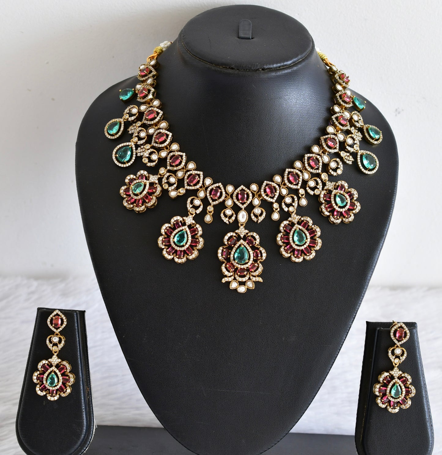 Antique gold tone cz pink-sea green flower necklace set dj-53030