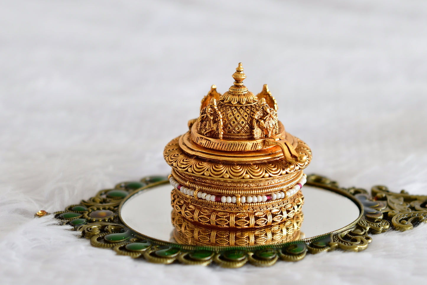 Antique gold tone Shri Krishna temple kumkum box dj-52324