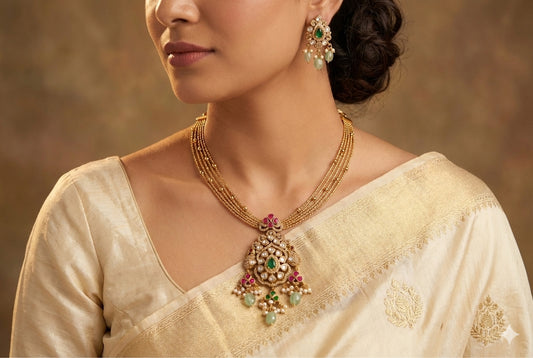 Antique gold tone pink-green kundan jadau kante necklace set dj-52424