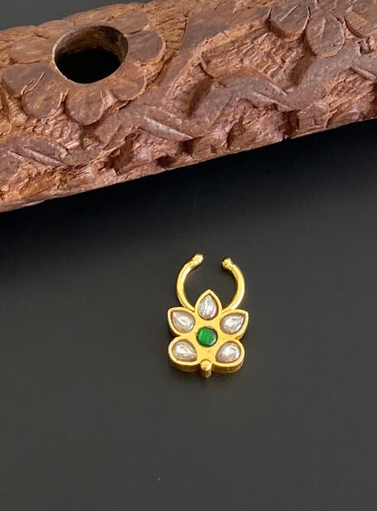 Gold tone kundan jadau green-white stone flower nose pin/bulakku dj-53779