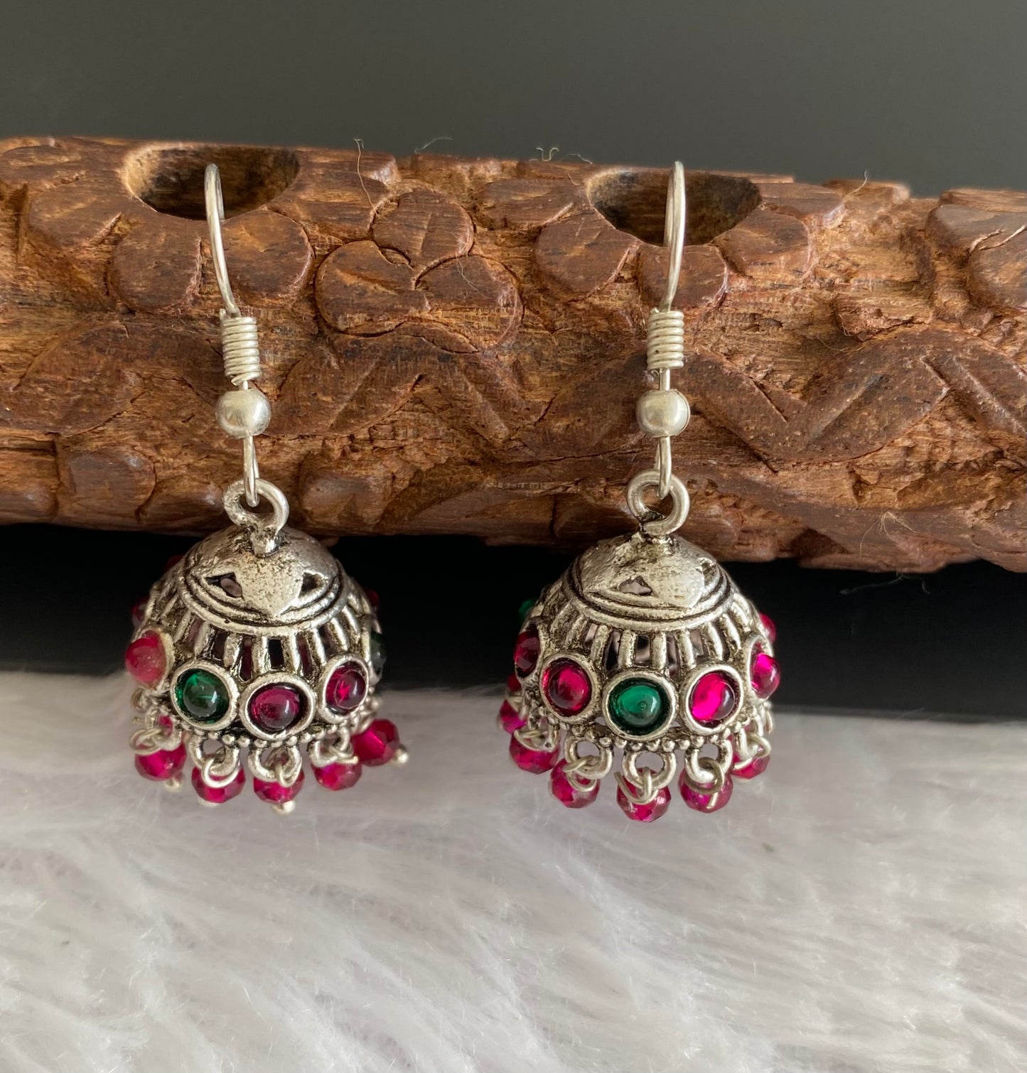 Silver tone pink-green hook jhumkka dj-52932