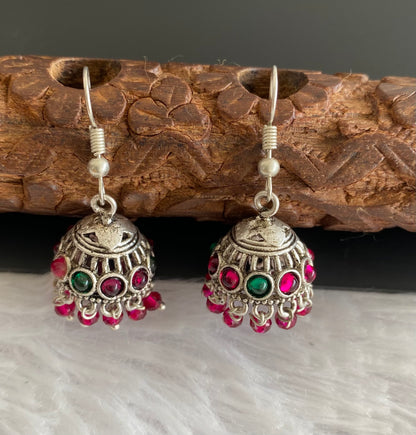 Silver tone pink-green hook jhumkka dj-52932