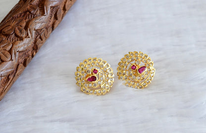 Gold tone AD pink-white south Indian peacock round stad/earrings dj-53347