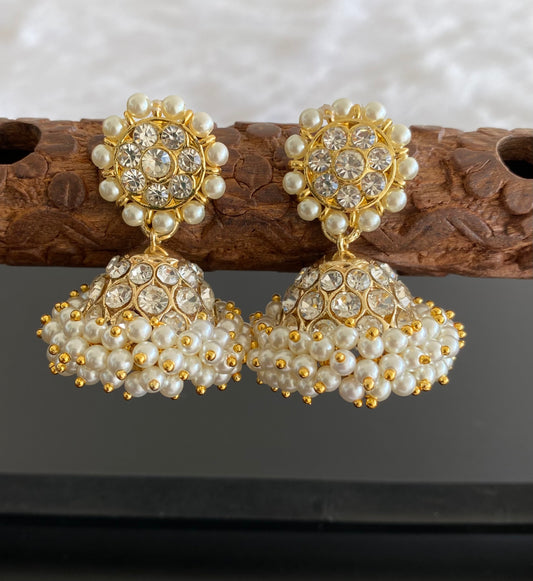 Gold tone precious white stone pearl jhumkka dj-53223