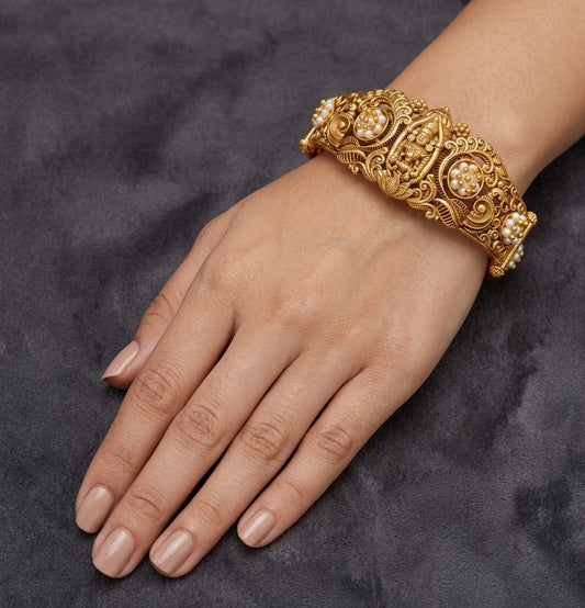Antique gold tone shri thirumal pearl screw type kada/bracelet dj-54856
