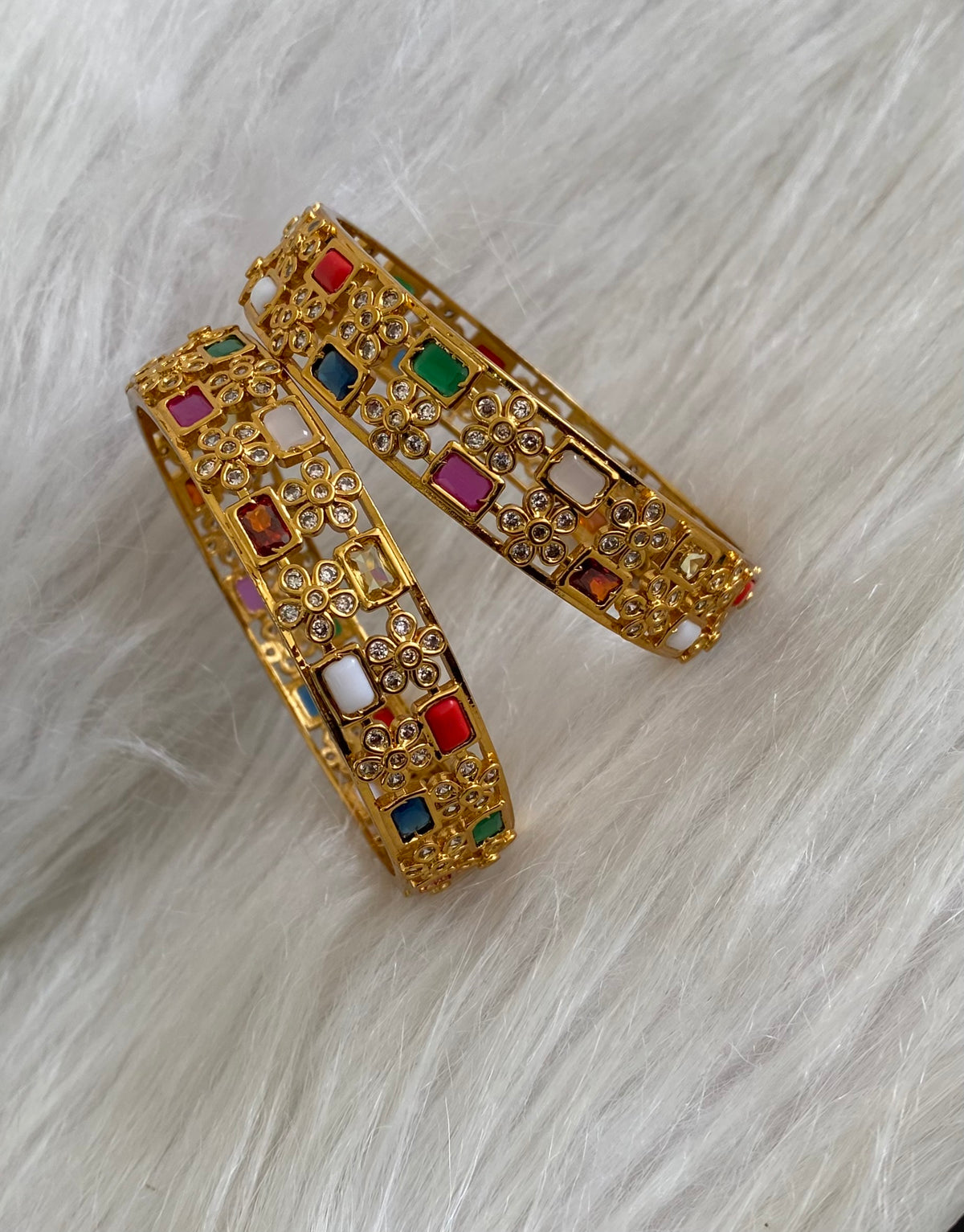 Antique gold tone navarathna square stone bangles(2.10) dj-55171