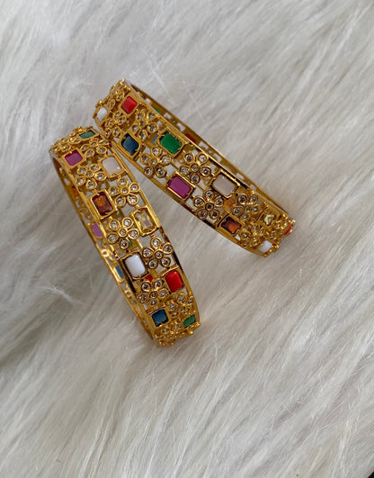 Antique gold tone navarathna square stone bangles(2.10) dj-55171