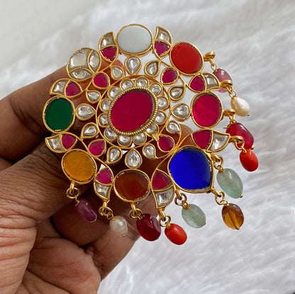 Gold tone navarathna kundan jadau flower pendant dj-51587