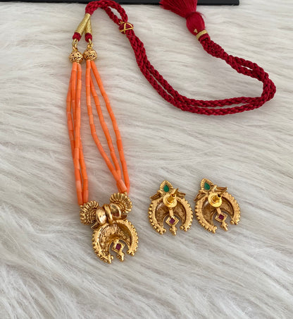 Antique gold tone coral nakshi beaded moon necklace set dj-54965