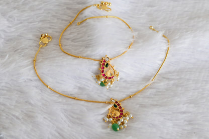 Gold tone pink-green-white peacock kundan jadau anklets dj-52396