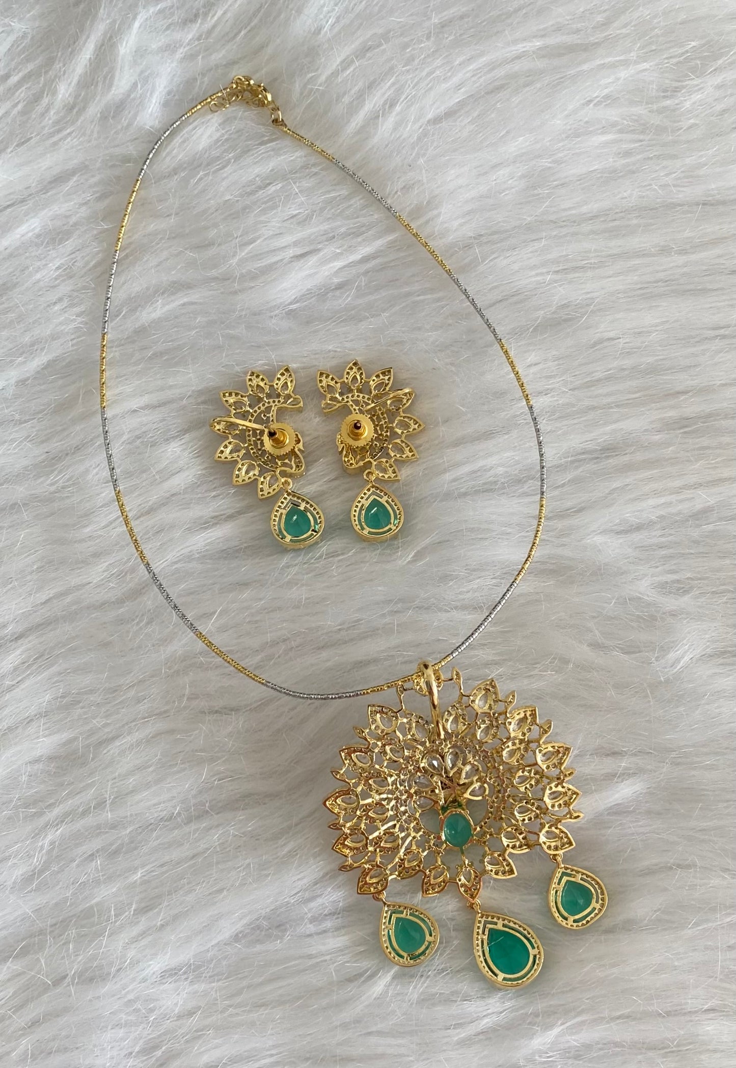 Two tone cz white green peacock pendant set with kanti necklace dj-54458