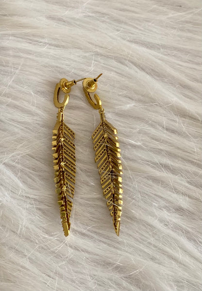 Dark antique gold tone white stone leaf long earrings dj-54641