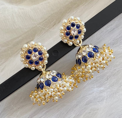 Gold tone precious white-blue stone pearl jhumkka dj-53908