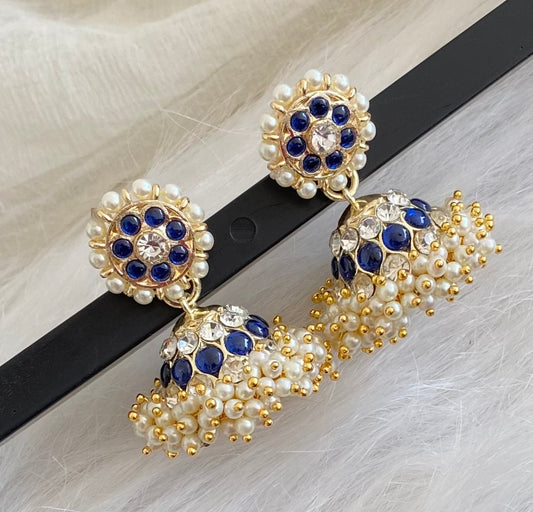 Gold tone precious white-blue stone pearl jhumkka dj-53908