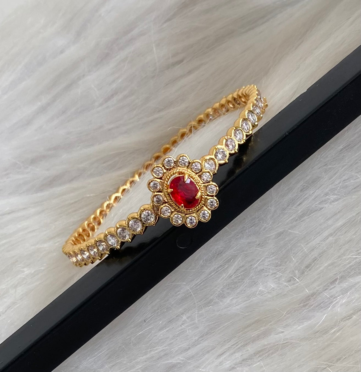 Gold tone AD white red stone diamond look alike bangle/kada(2.10) Dj-54866