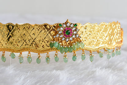 Gold tone pink-green-white kundan jadau flower waist band dj-52184