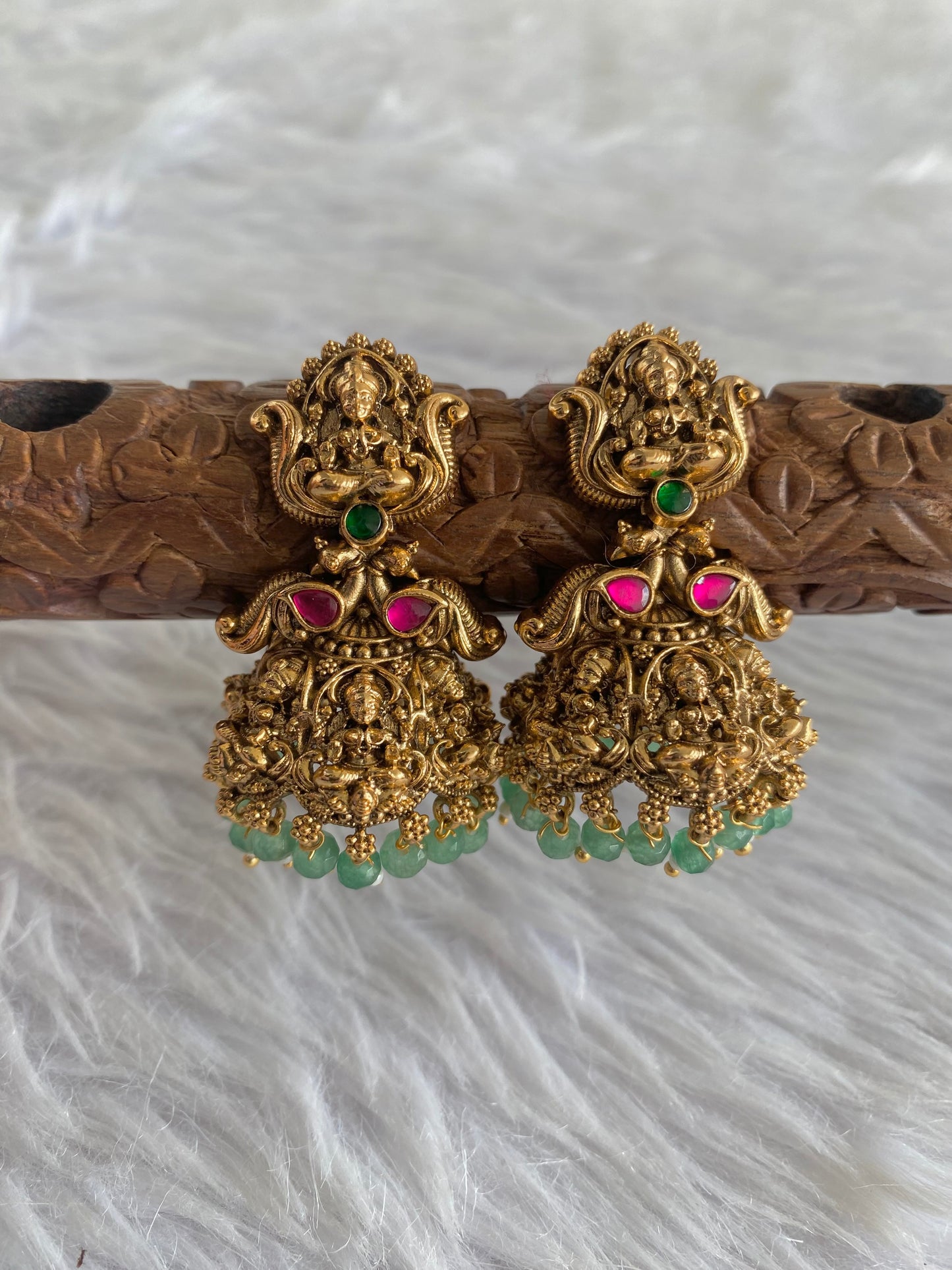 Antique gold tone pink-green beaded Lakshmi jhumkka dj-51050