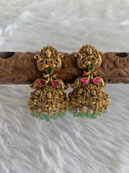 Antique gold tone pink-green beaded Lakshmi jhumkka dj-51050