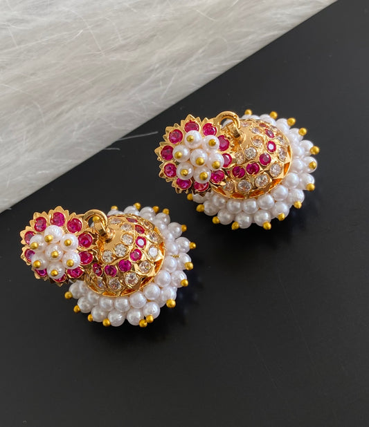 Gold tone ruby-white stone pearl cluster south Indian style jhumkka dj-41761