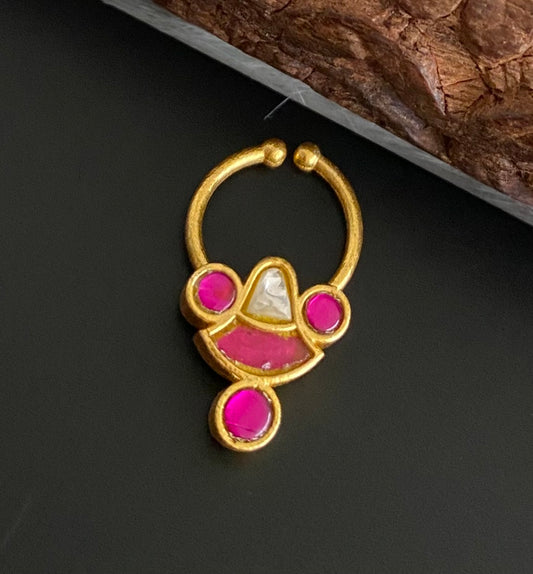 Gold tone kundan jadau pink-white stone nose pin/bulakku dj-53767