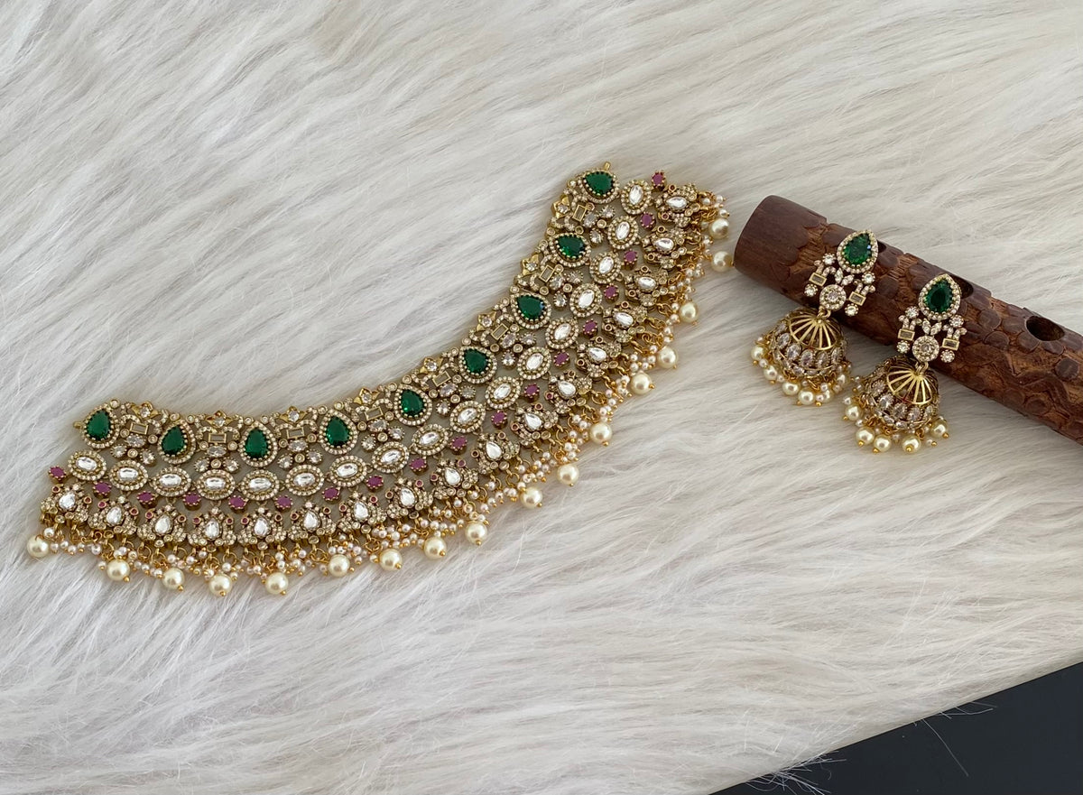 Antique gold tone peacock kundan pearl choker necklace set dj-54805