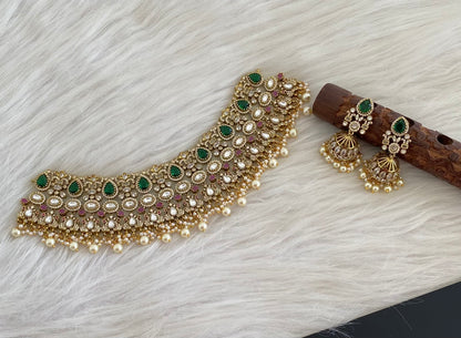 Antique gold tone peacock kundan pearl choker necklace set dj-54805