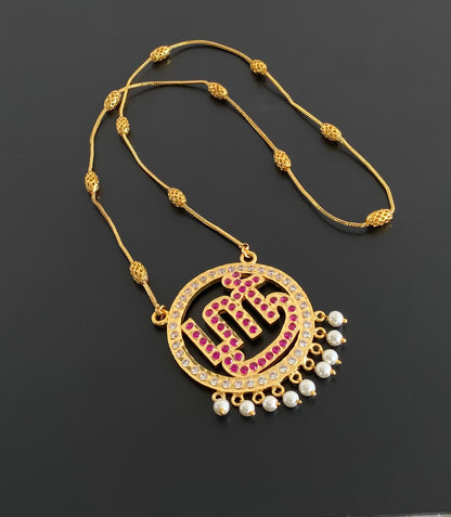 Gold tone 24 inches chain with AD pink tamil sree pendant dj-55184