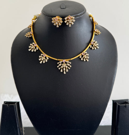 Matte finish cz white-baby pink kanti necklace set dj-52115