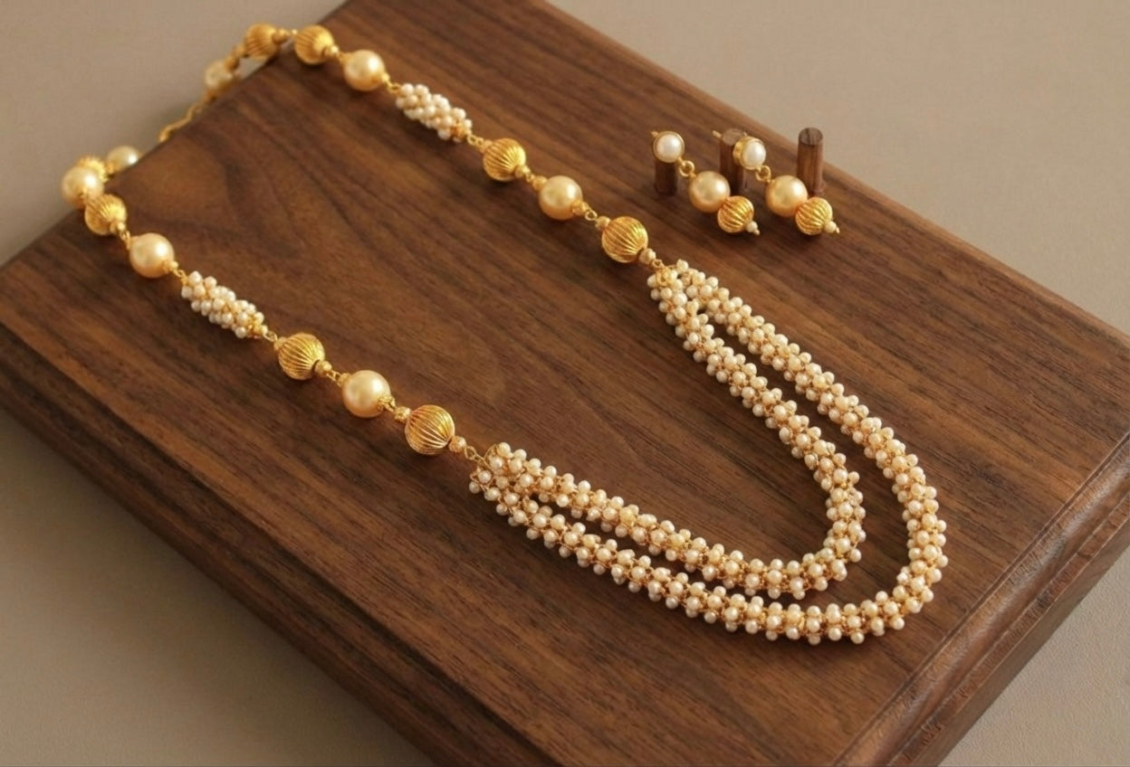 Antique gold tone double layer Pearl Necklace Set-dj07127