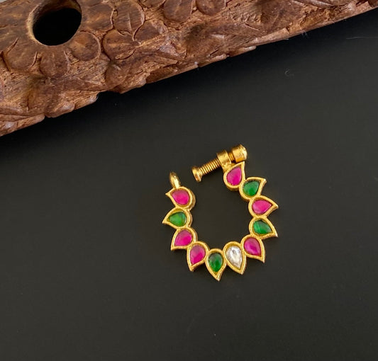 Gold tone kundan jadau kemp-green nose pin dj-53708