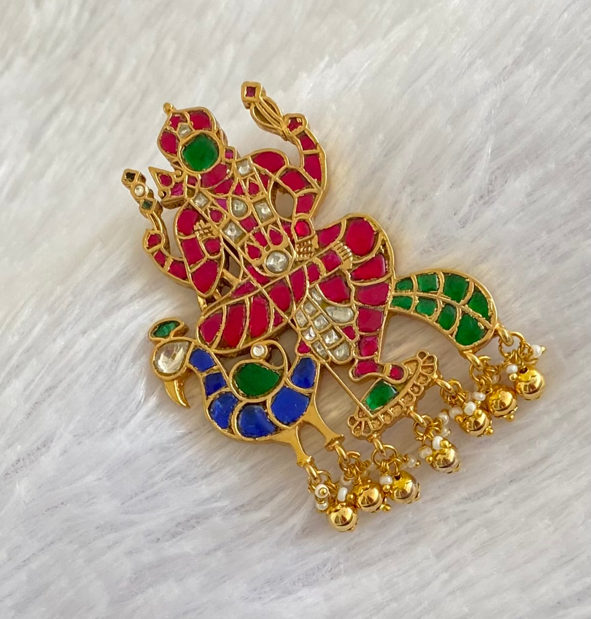 Gold tone pink-green-white-blue kundan jadau peacock Karthikeyan pendant dj-44217