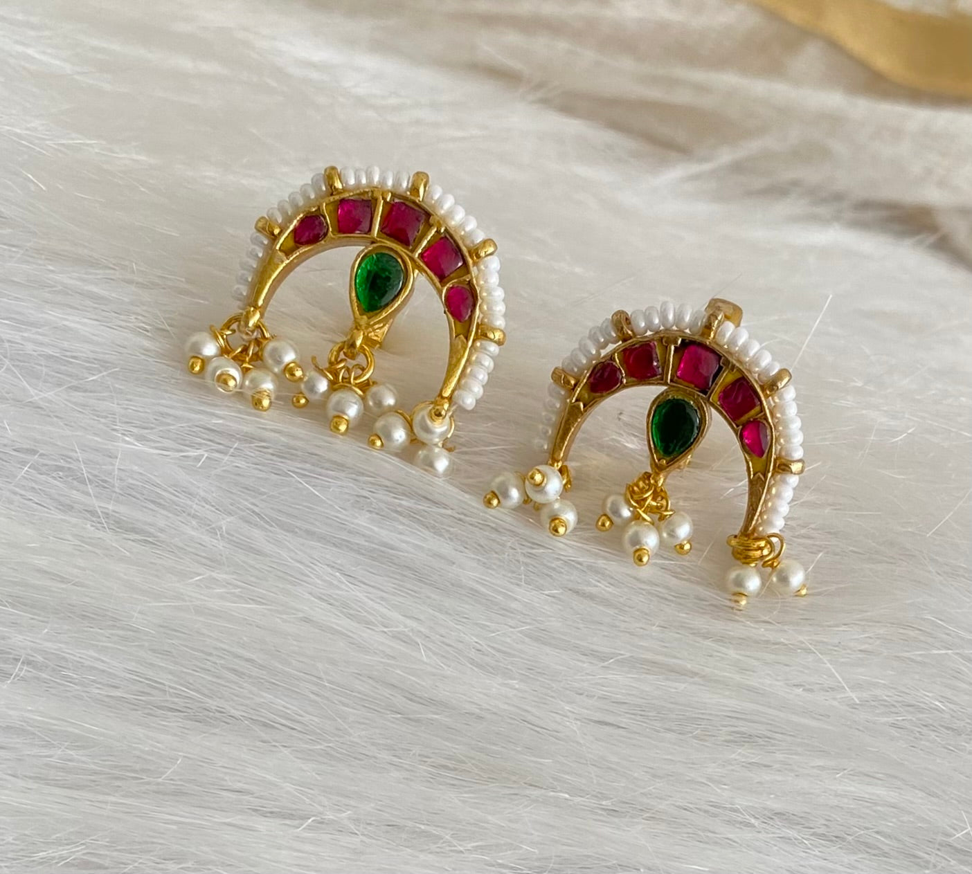 Gold tone pink-green kundan jadau pearl moon bugadi earrings dj-53665