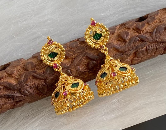 Gold tone kerala style pink-green 5 petals of palakka jhumkka dj-54304
