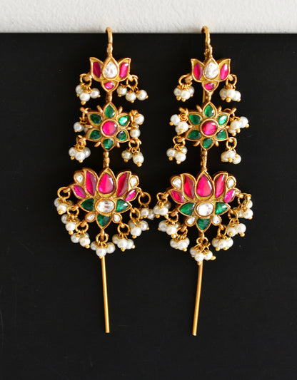 Gold tone pink-green kundan jadau lotus bugadi needle earrings dj-51129