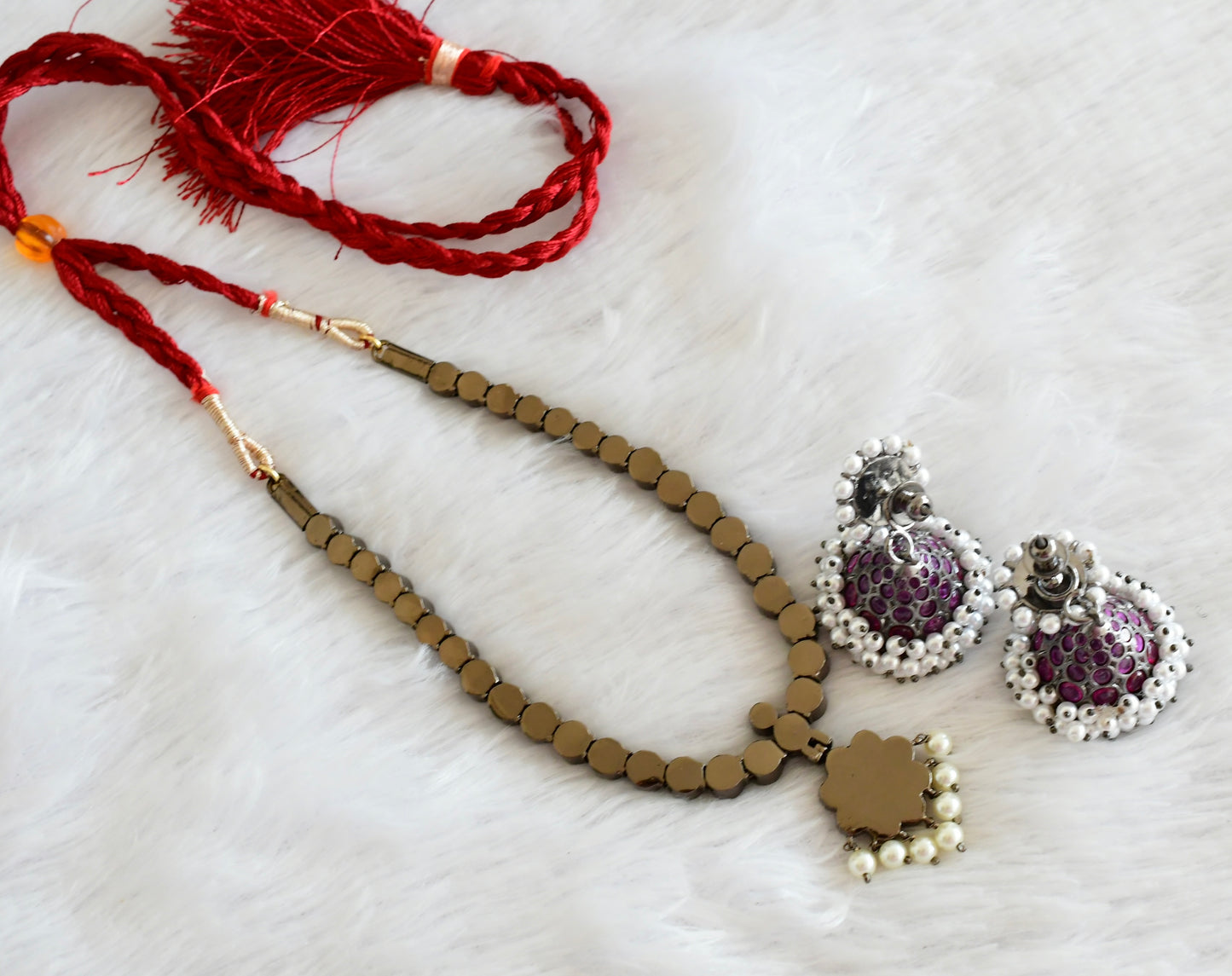Black finish precious kemp-green pearl flower necklace set dj-53354