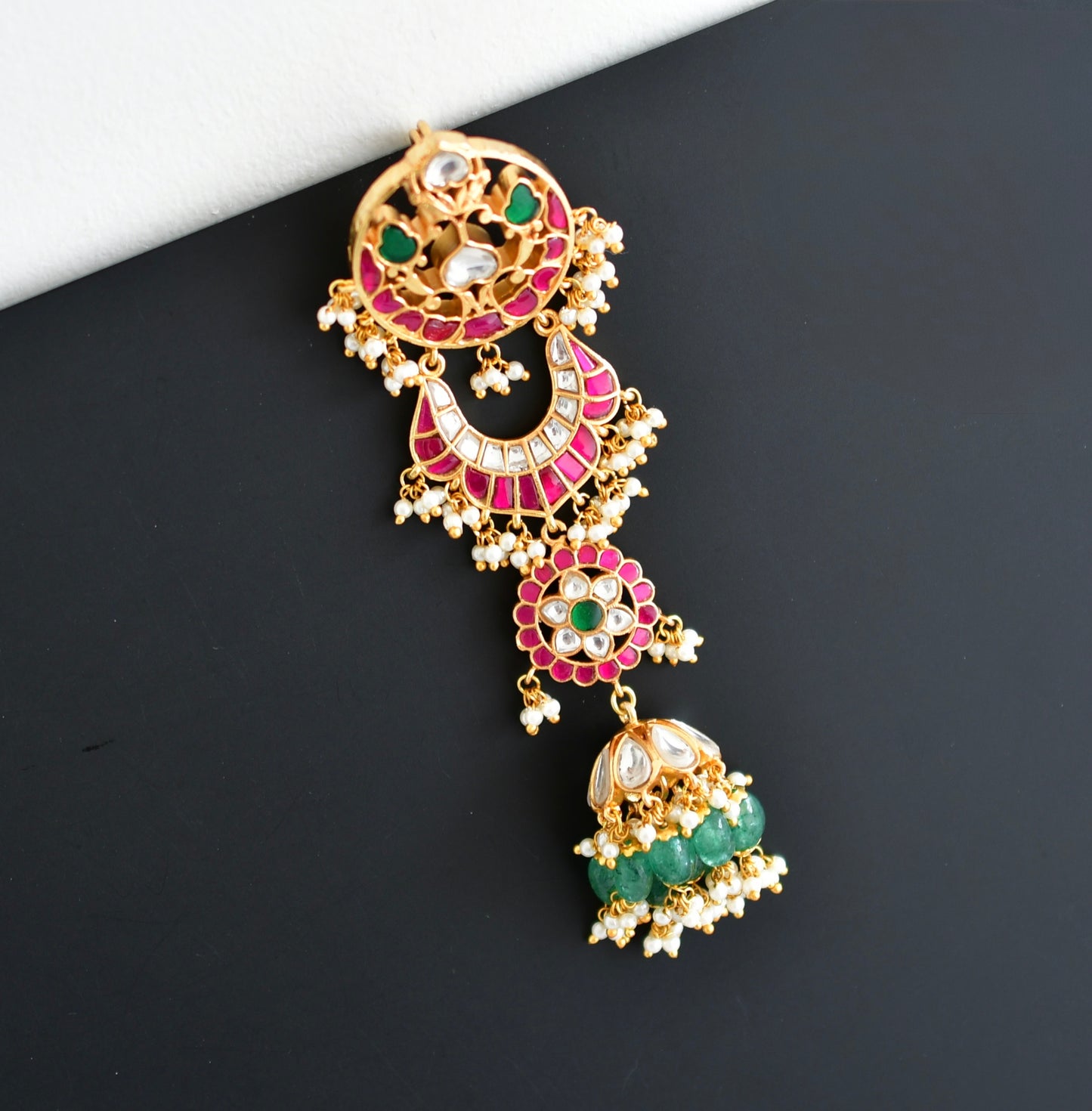 Gold tone pink-green kundan jadau floral hair jewel dj-52382