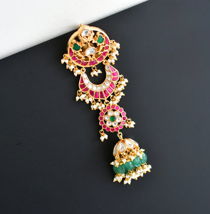 Gold tone pink-green kundan jadau floral hair jewel dj-52382